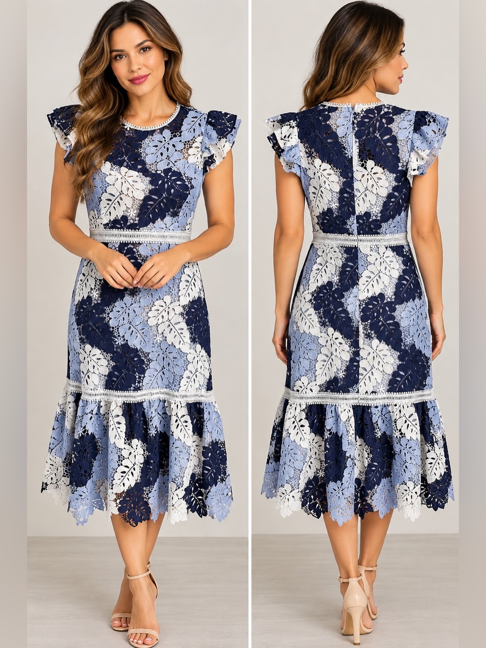 Just Me Floral Palm Lace Midi Dress in Blue & White Size Small